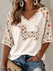 Women's Dachshund Floral Print Casual Raglan Sleeve T-Shirt gracestitchs