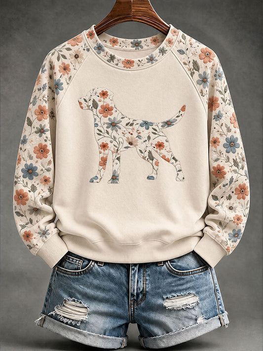 Women's Labrador Retriever Floral Print Casual Raglan Sleeve Sweatshirt gracestitchs