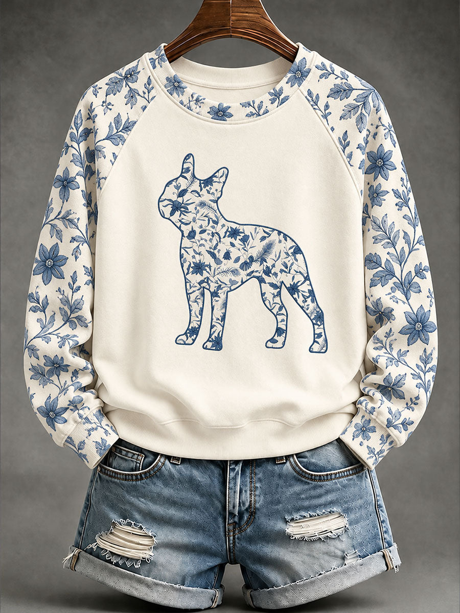 Women's Boston Terrier Chinese-style floral print sweatshirt gracestitchs