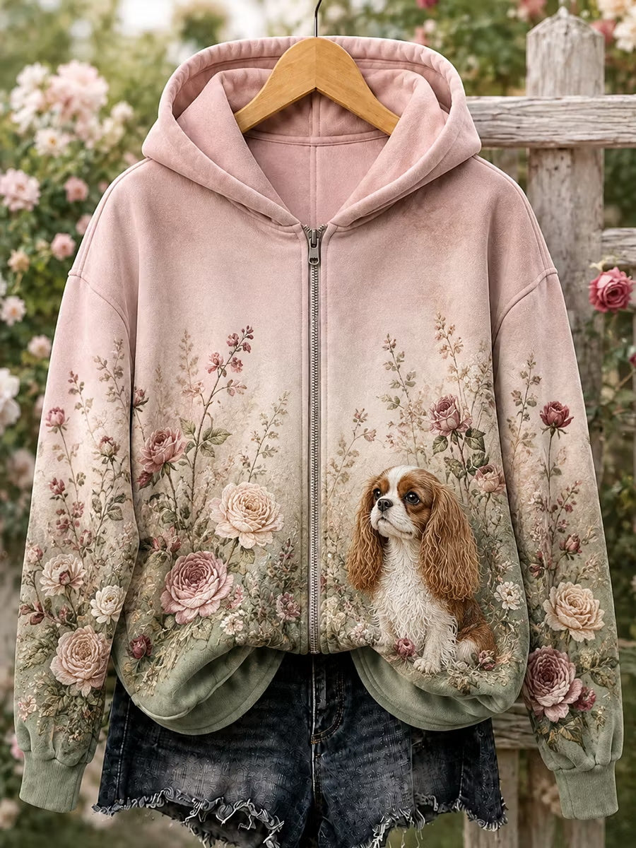 Women's Floral Dog Zip-Up Hoodie gracestitchs