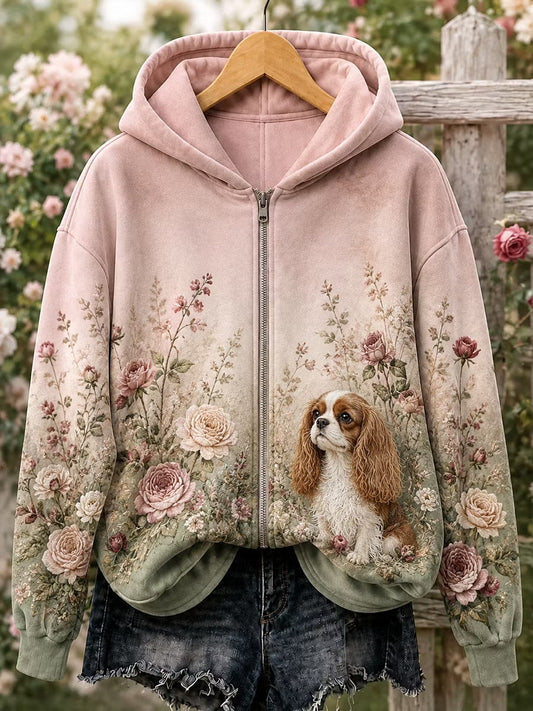 Women's Floral Dog Zip-Up Hoodie gracestitchs