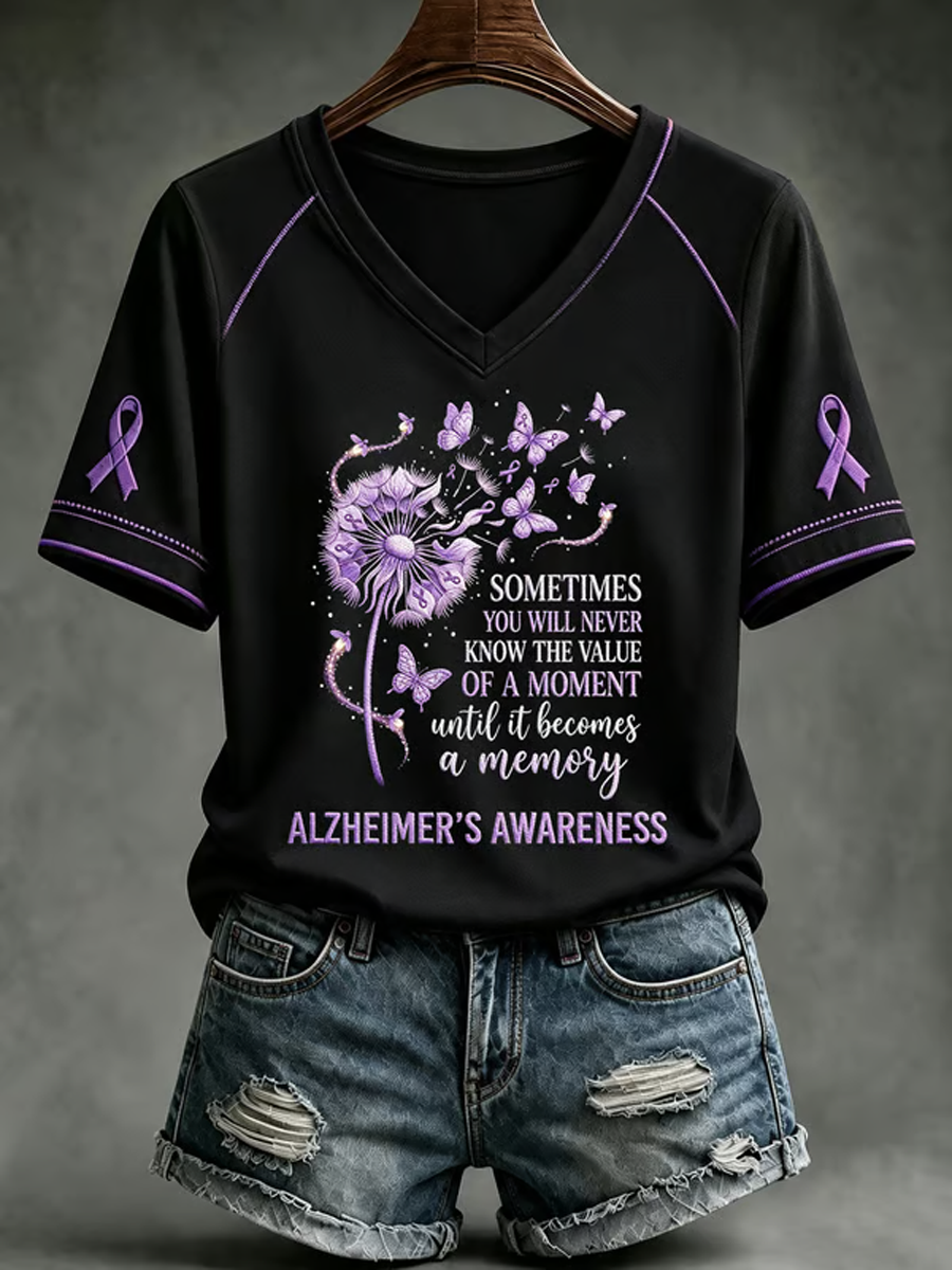 Women's Alzheimer's Awareness Purple Art Print V-neck off-shoulder short-sleeved T-shirt gracestitchs