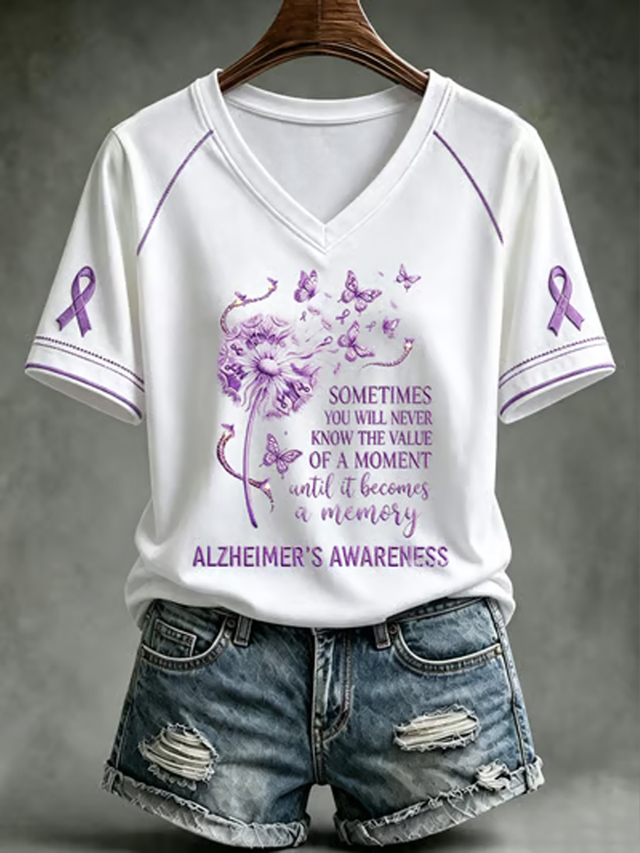 Women's Alzheimer's Awareness Purple Art Print V-neck off-shoulder short-sleeved T-shirt gracestitchs