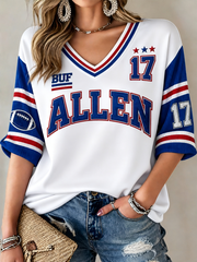 Women's Football Lover Bulls Be Good Art Printed Mid-length Sleeves V-Neck T-Shirt gracestitchs