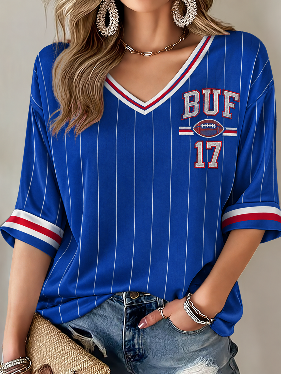 Women's Football Lover Bulls Be Good Art Printed Mid-length Sleeves V-Neck T-Shirt gracestitchs