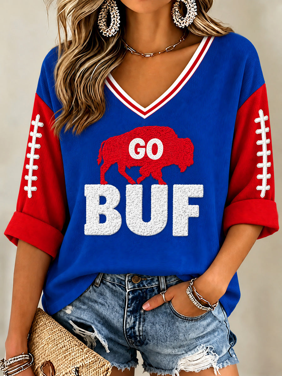 Women's Football Lover Buffalo Print Casual V-Neck Tee gracestitchs