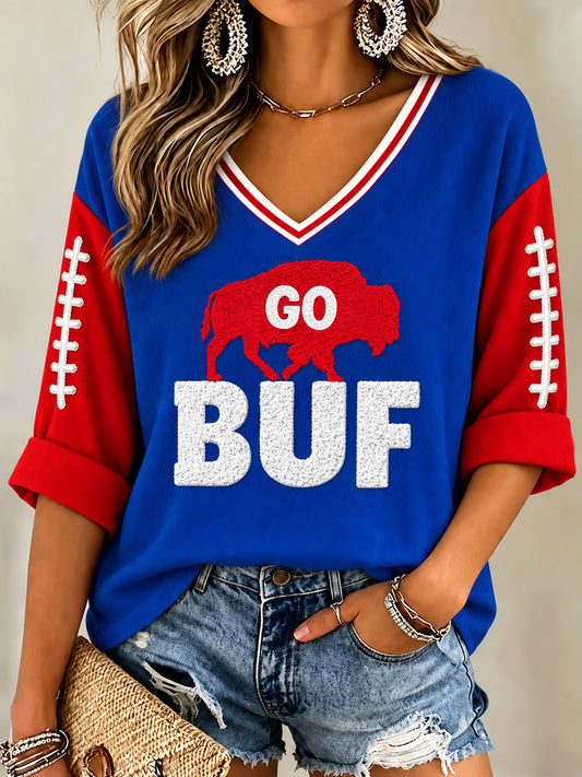 Women's Football Lover Buffalo Print Casual V-Neck Tee gracestitchs