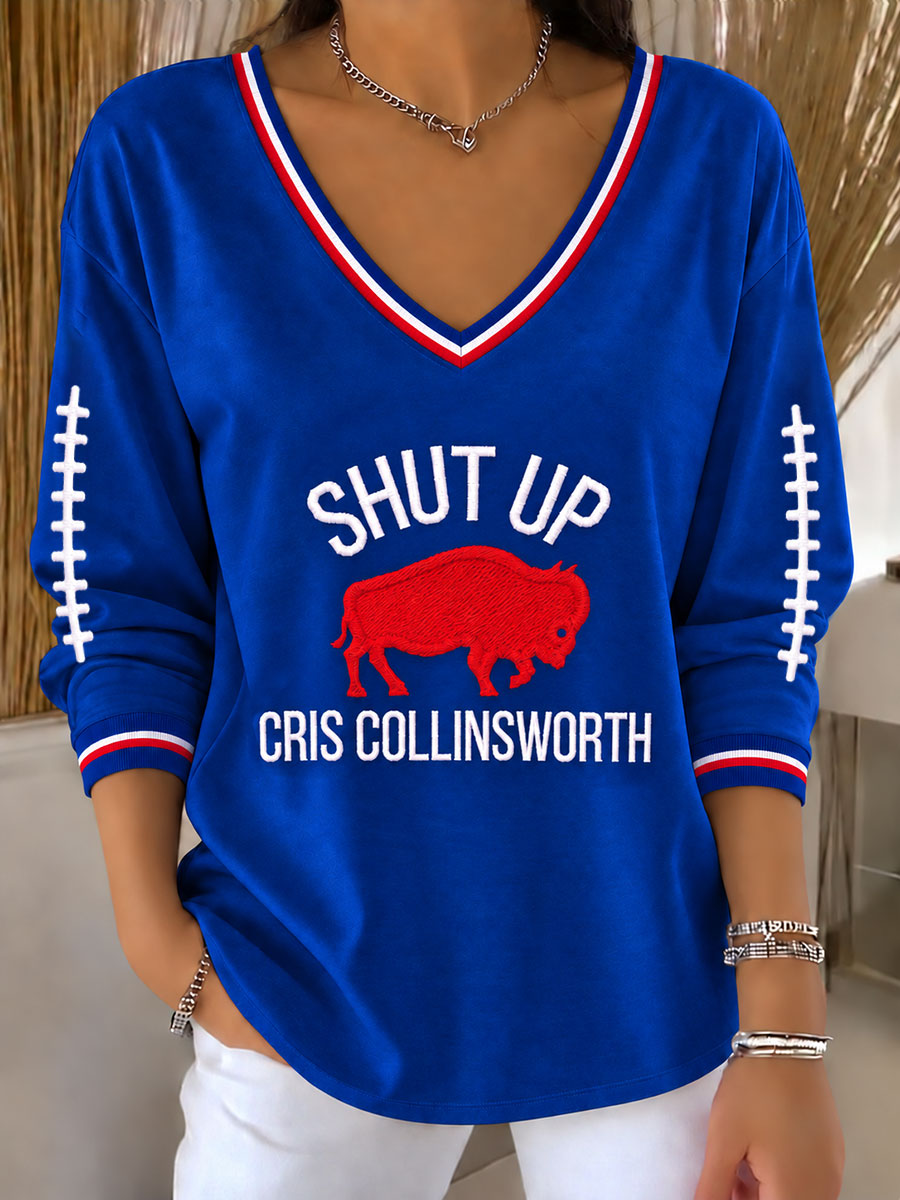 Women's Go Buffalo Football Fans Lovers Gameday Casual V-Neck Long Sleeve T-Shirt gracestitchs