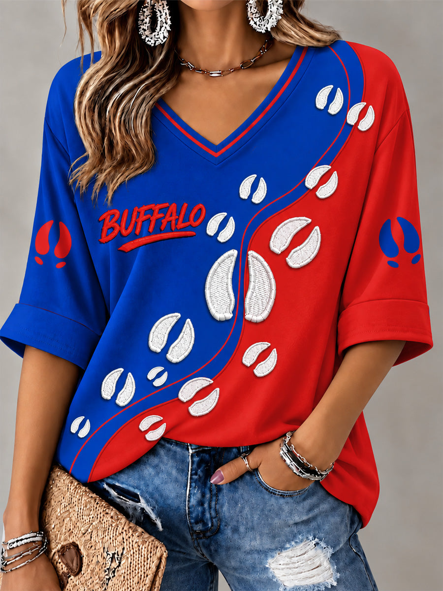 Women's Football Lover Buffalo Print Casual V-Neck Tee gracestitchs