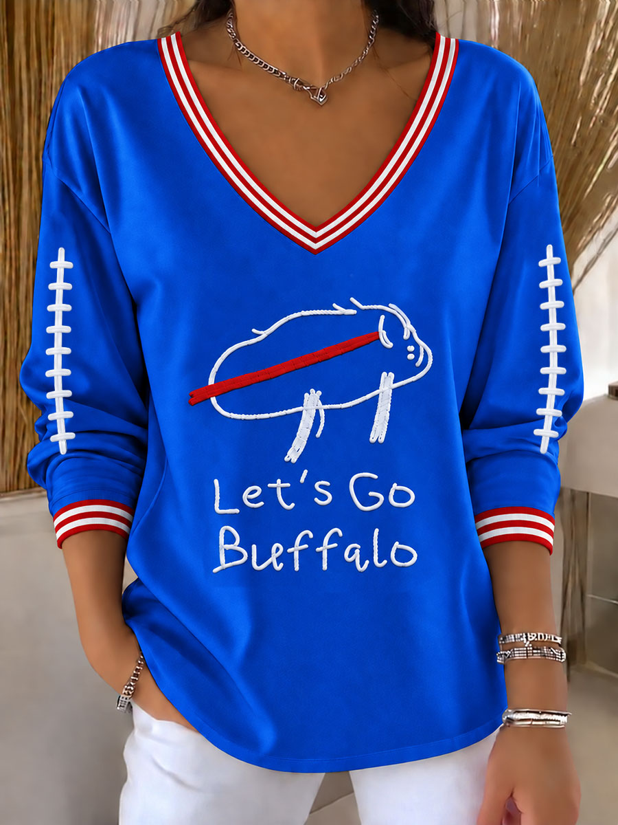 Women's Go Buffalo Football Fans Lovers Gameday Casual V-Neck T-Shirt gracestitchs