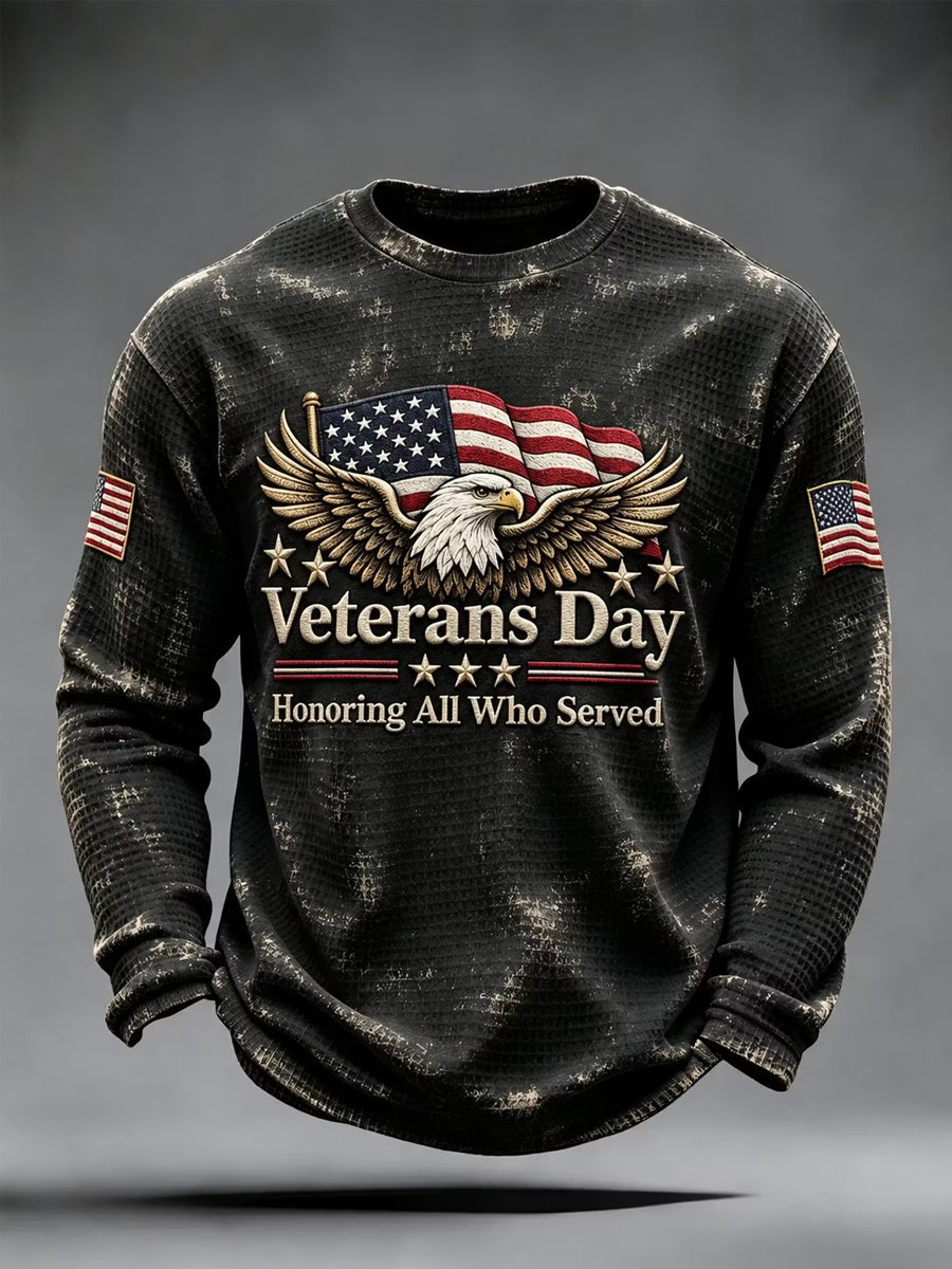 Men's Veterans Day Honoring All Who Served US Flag Print Casual Waffle Long Sleeve T-Shirt gracestitchs