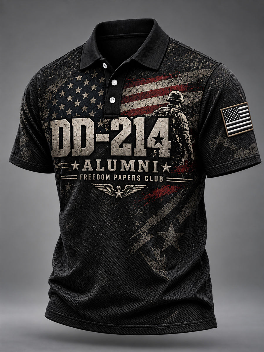 Men's Veterans Day DD-214 Alumni US Flag Print Casual Polo gracestitchs