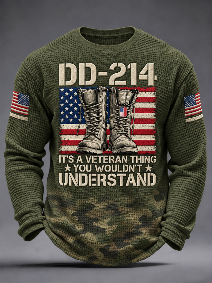 Men's Veterans Day DD-214 Alumni US Flag Camouflage Print Casual Waffle Long Sleeve T-Shirt gracestitchs