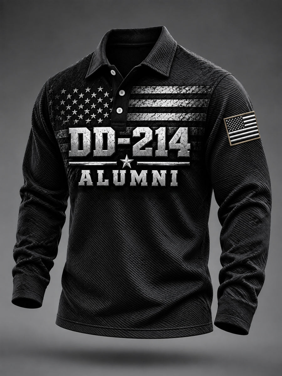 Men's Veterans Day DD-214 Alumni US Flag Print Casual Long Sleeve Polo gracestitchs