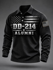Men's Veterans Day DD-214 Alumni US Flag Print Casual Long Sleeve Polo gracestitchs