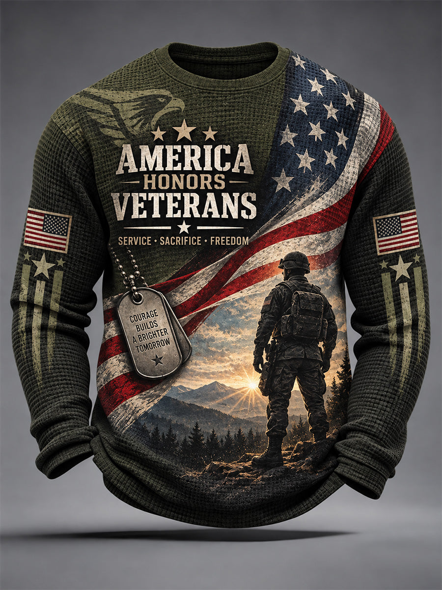Men's  U.S. Veterans Day Print Casual Waffle Long Sleeve T-Shirt gracestitchs