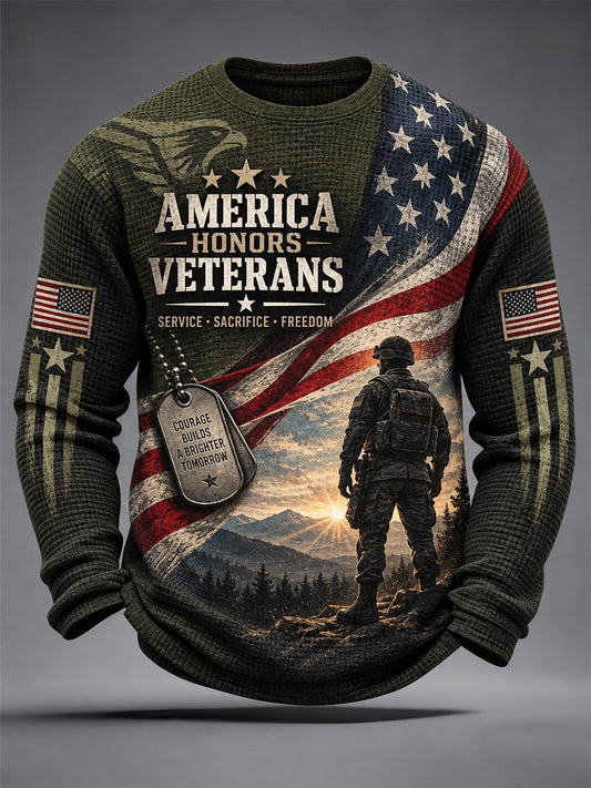 Men's  U.S. Veterans Day Print Casual Waffle Long Sleeve T-Shirt gracestitchs