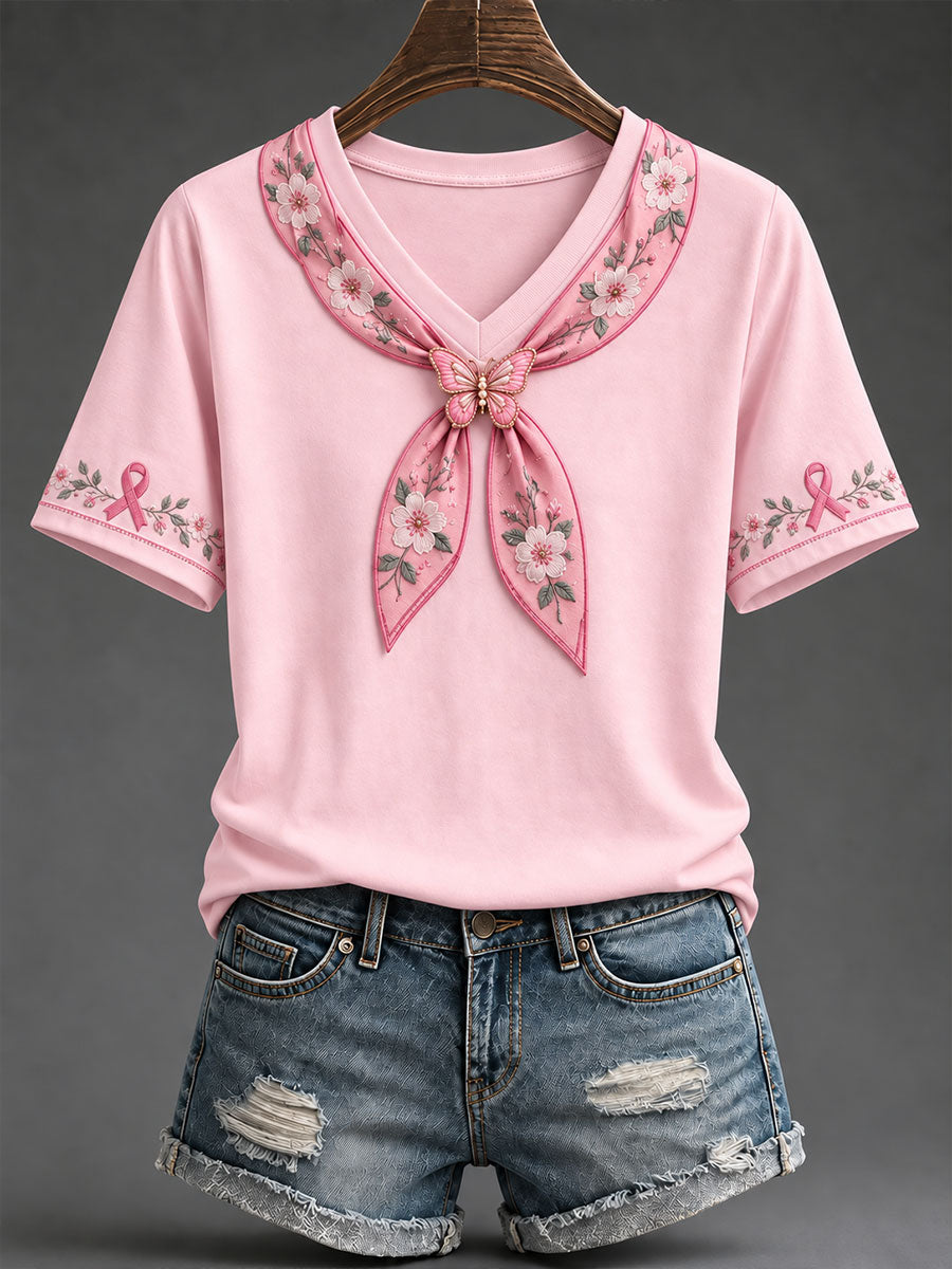 Women's Pink Ribbon Floral Art Print T-shirt gracestitchs