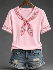 Women's Pink Ribbon Floral Art Print T-shirt gracestitchs