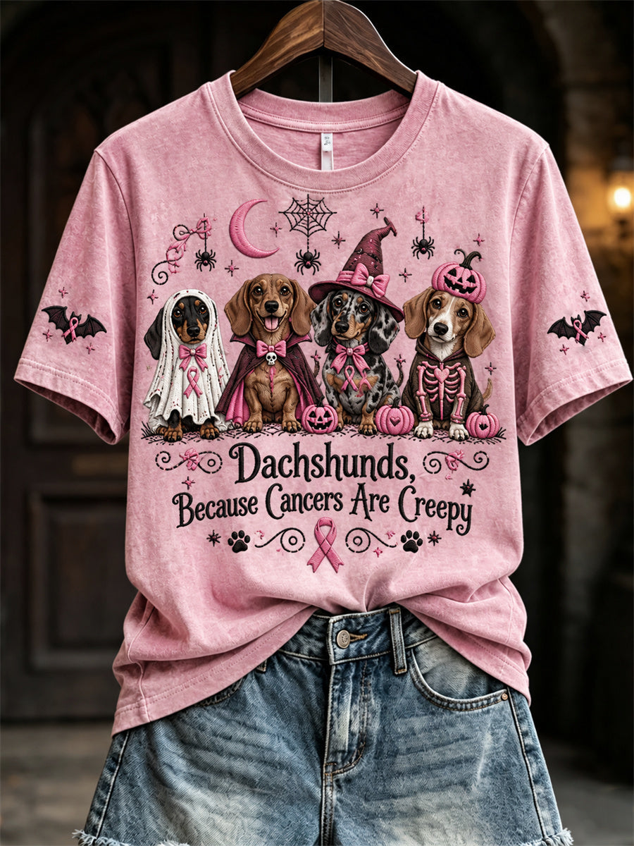Women's Dachshunds Because Cancers Are Creepy Halloween Pink Dogs Print short-sleeved T-shirt gracestitchs