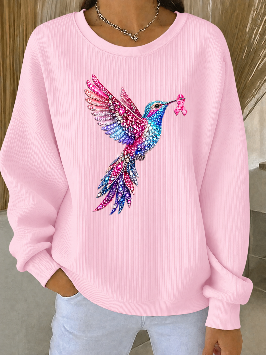 Women's Breast Cancer Ribbed Round-Neck Sweatshirt gracestitchs