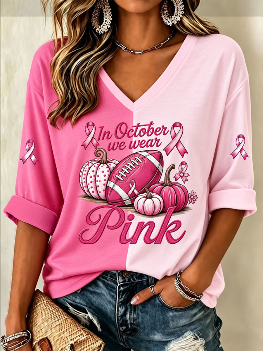 Women's Tackle Breast Cancer In October We Wear Pink Football Print Breast Cancer Awareness Support Half-Sleeve V-Neck T-Shirt gracestitchs