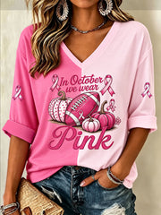 Women's Tackle Breast Cancer In October We Wear Pink Football Print Breast Cancer Awareness Support Half-Sleeve V-Neck T-Shirt gracestitchs