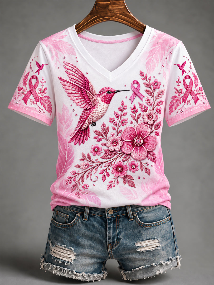 Women's Pink Ribbon Hummingbird Print Breast Cancer Awareness Support V-Neck Tee gracestitchs