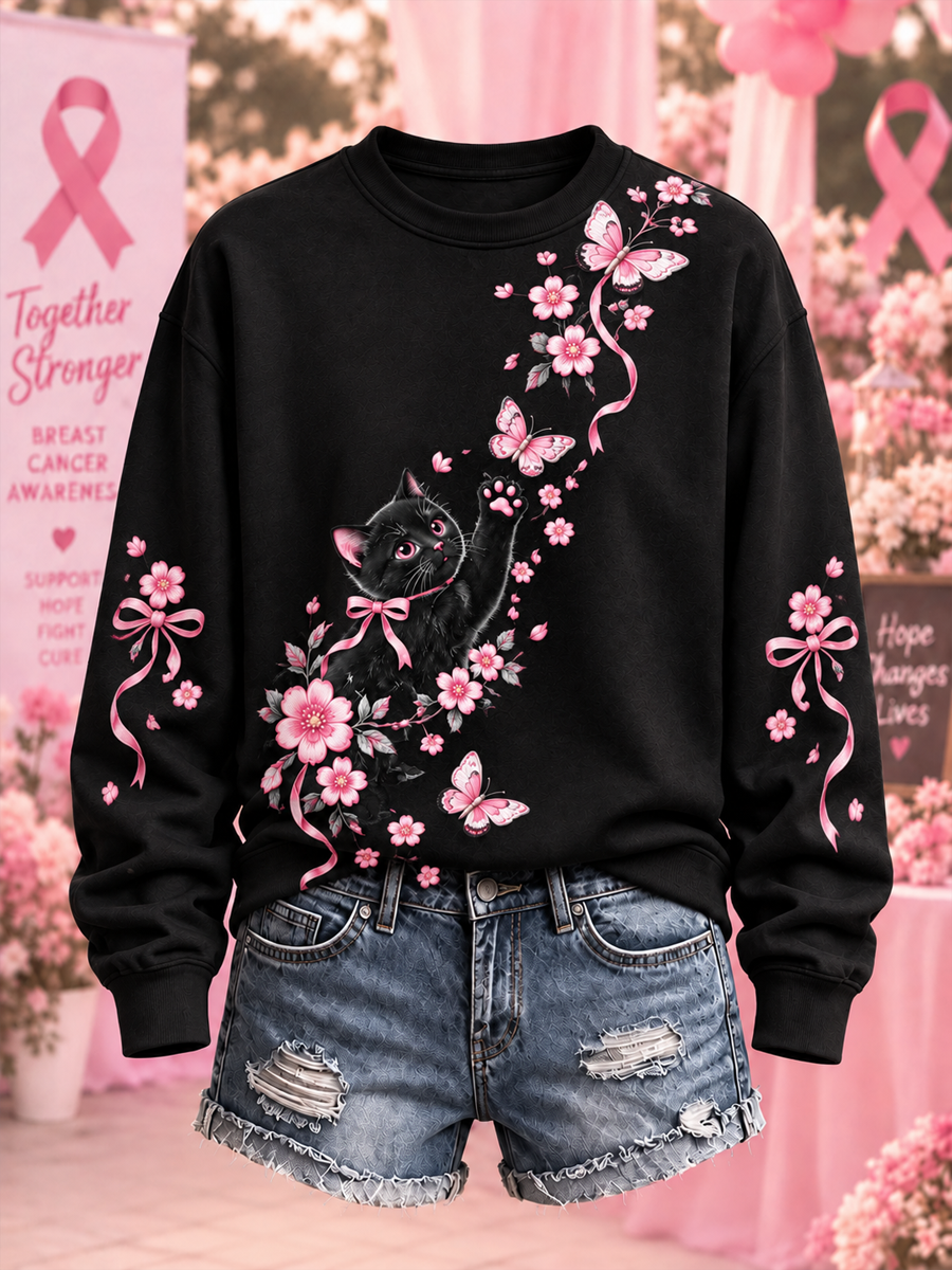 Women's Black and pink cat and floral print Regular Sweatshirt gracestitchs