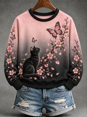 Women's Black and pink cat and floral print Regular Sweatshirt gracestitchs