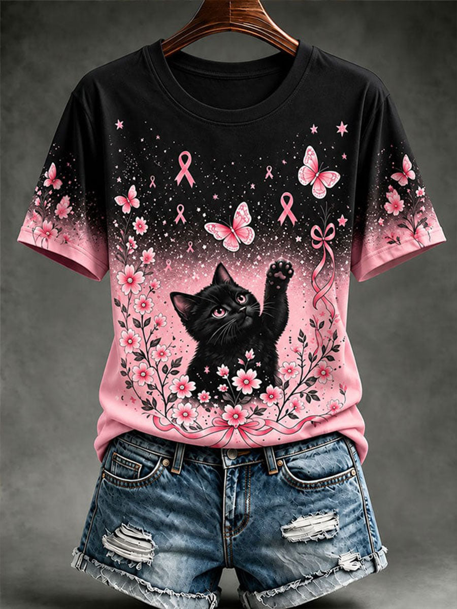 Women's Breast Cancer Awareness Cat Print Casual T-Shirt gracestitchs