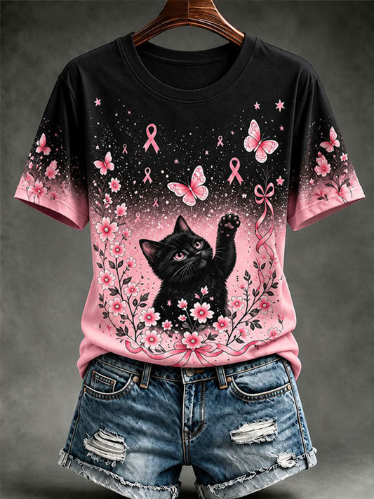 Women's Breast Cancer Awareness Cat Print Casual T-Shirt gracestitchs