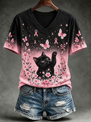 Women's Breast Cancer Awareness Cat Print Casual T-Shirt gracestitchs