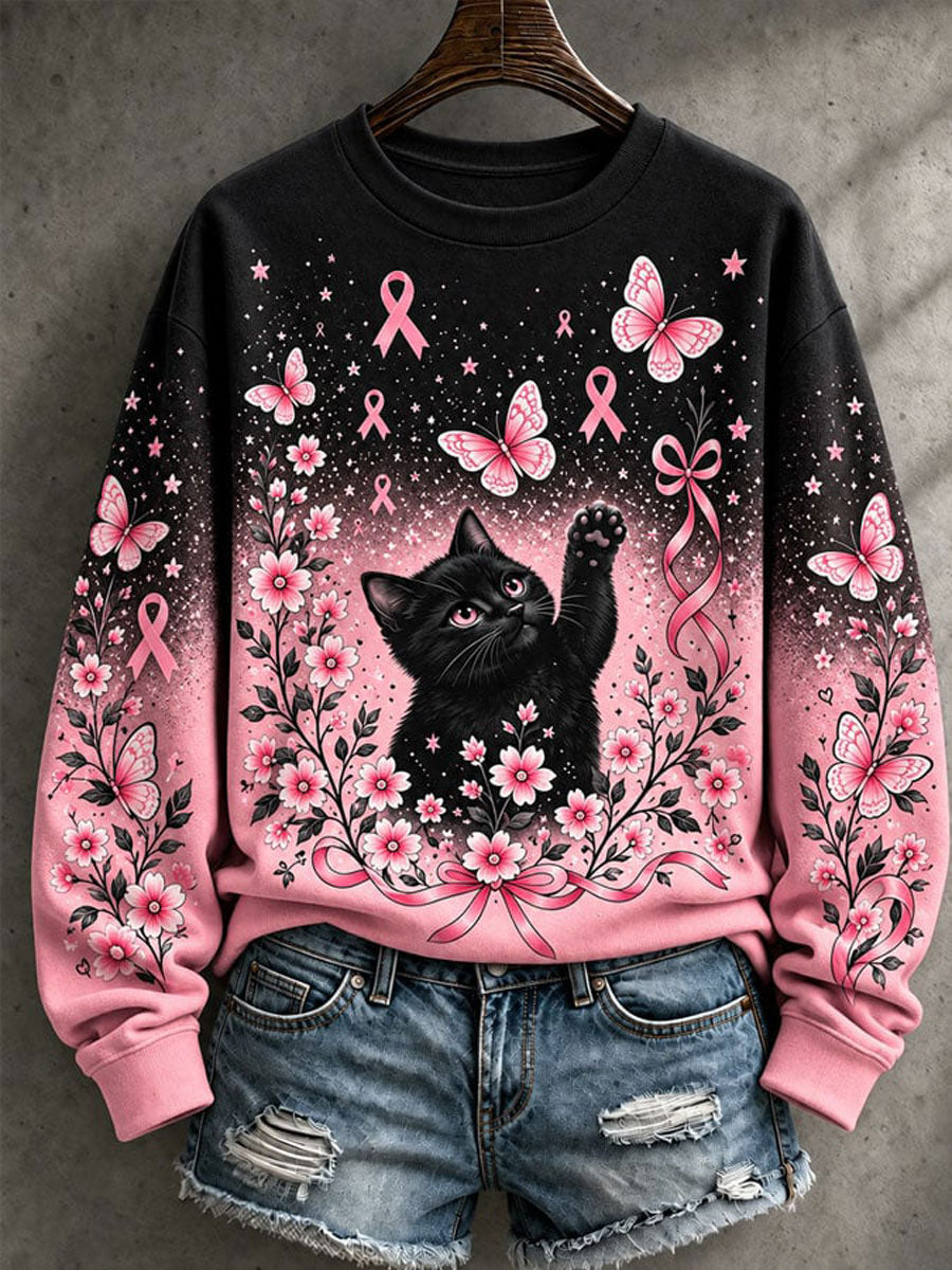 Women's Breast Cancer Awareness Cat Print Casual Sweatshirt gracestitchs
