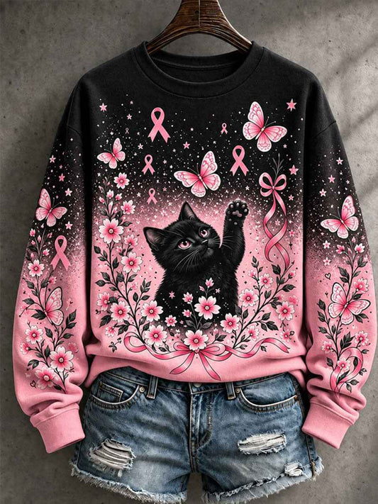 Women's Breast Cancer Awareness Cat Print Casual Sweatshirt