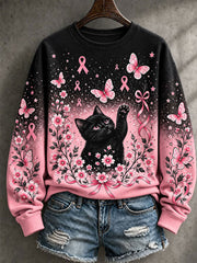 Women's Breast Cancer Awareness Cat Print Casual Sweatshirt gracestitchs