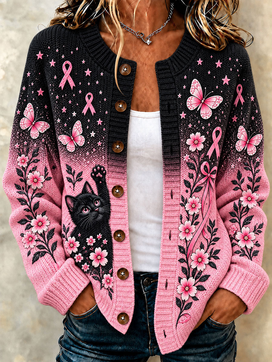 Women's Breast Cancer Awareness Cat Print Casual Cardigan gracestitchs