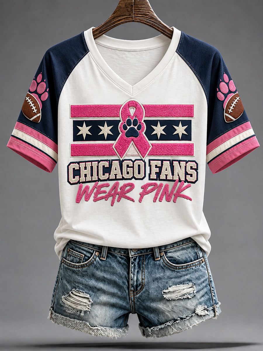 Women's Chicago Football Lover Bear Art Breast Cancer Awareness Printged T-shirt gracestitchs