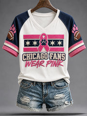 Women's Chicago Football Lover Bear Art Breast Cancer Awareness Printged T-shirt gracestitchs