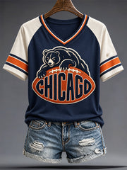 Women's Chicago Football Lover Bear Art Printed T-shirt gracestitchs