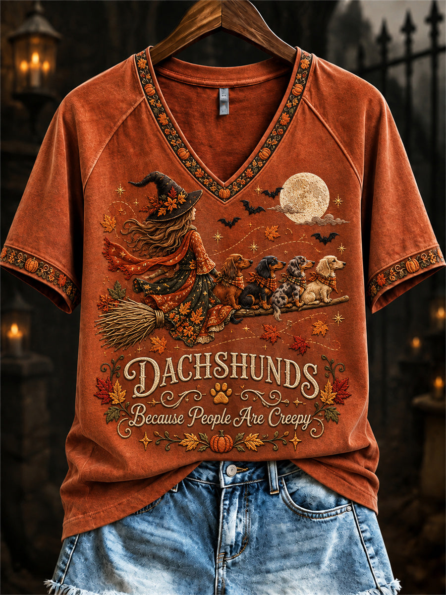 Women's Dachshunds Because People Are Creepy Fall Witch & Dogs Print short-sleeved T-shirt gracestitchs