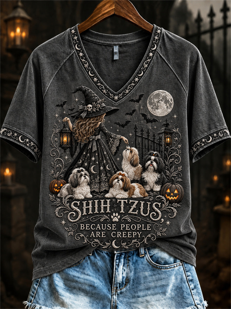 Women's Shih Tzus Because People Are Creepy Halloween Witch & Dogs Print short-sleeved T-shirt gracestitchs