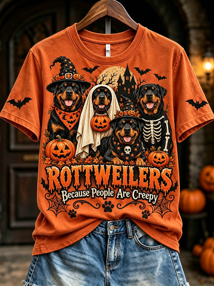 Women's Vintage Rottweilers Because People Are Creepy Halloween Print Short-sleeved T-shirt gracestitchs