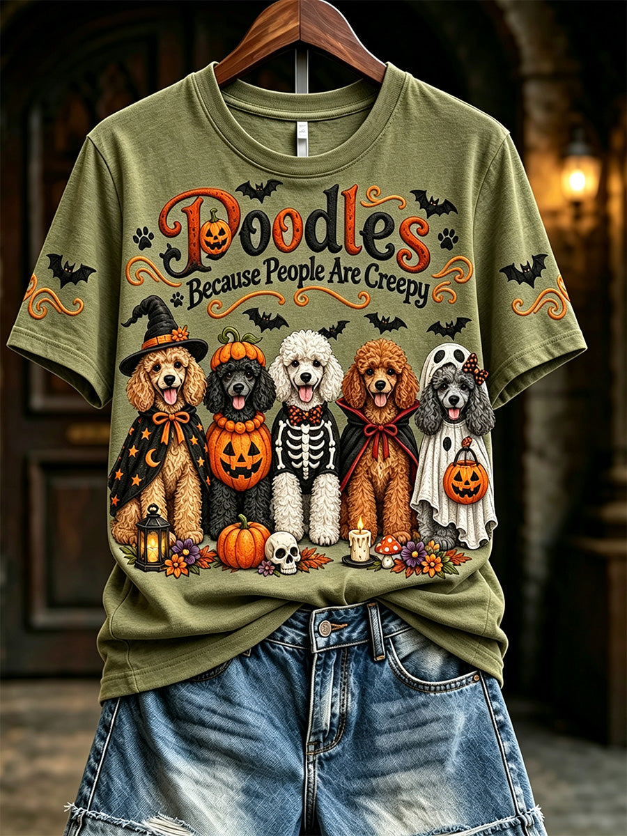 Women's Vintage Poodles Because People Are Creepy Halloween Print Short-sleeved T-shirt gracestitchs