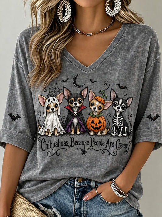 Women's Halloween Costume Dog Pattern Design Casual Mid-Length Sleeves V-Neck T-Shirt gracestitchs