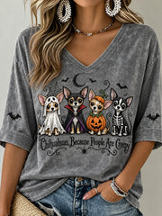Women's Halloween Costume Dog Pattern Design Casual Mid-Length Sleeves V-Neck T-Shirt gracestitchs