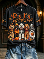 Women's Vintage Poodles Because People Are Creepy Halloween Print Short-sleeved T-shirt gracestitchs