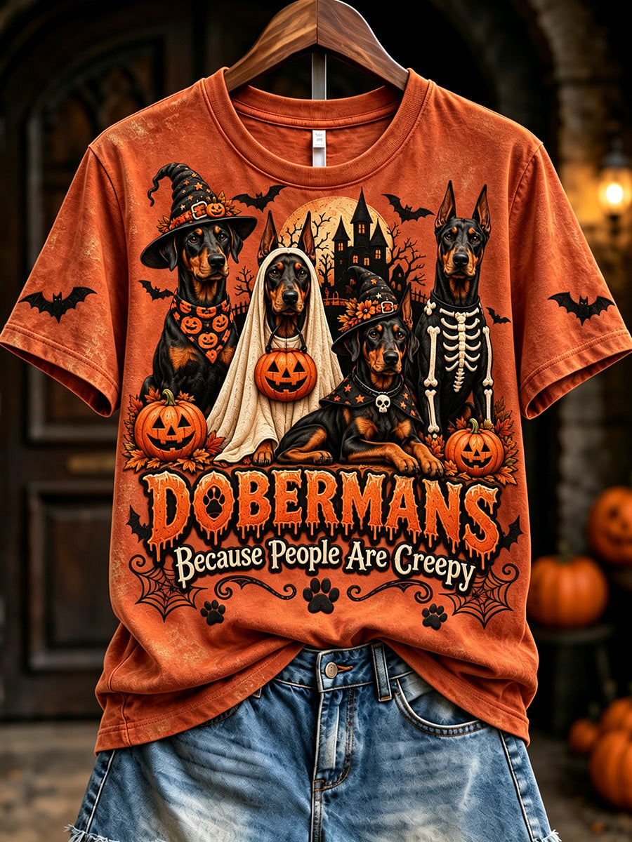 Women's Vintage Dobermans Because People Are Creepy Halloween Print Short-sleeved T-shirt gracestitchs