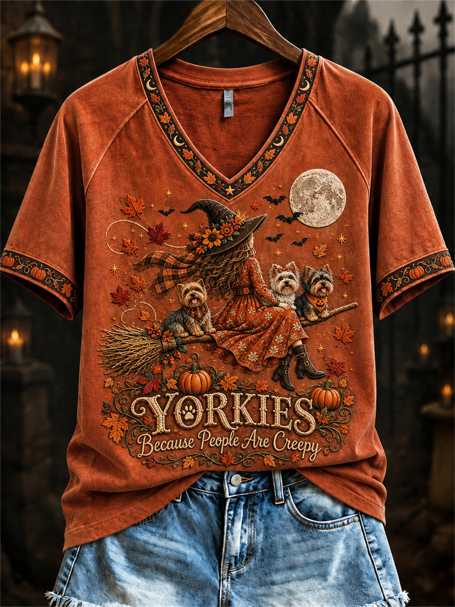 Women's Yorkies Because People Are Creepy Fall Witch & Dogs Print short-sleeved T-shirt gracestitchs