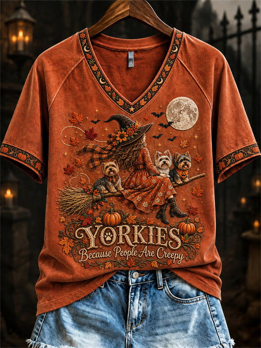 Women's Yorkies Because People Are Creepy Fall Witch & Dogs Print short-sleeved T-shirt gracestitchs